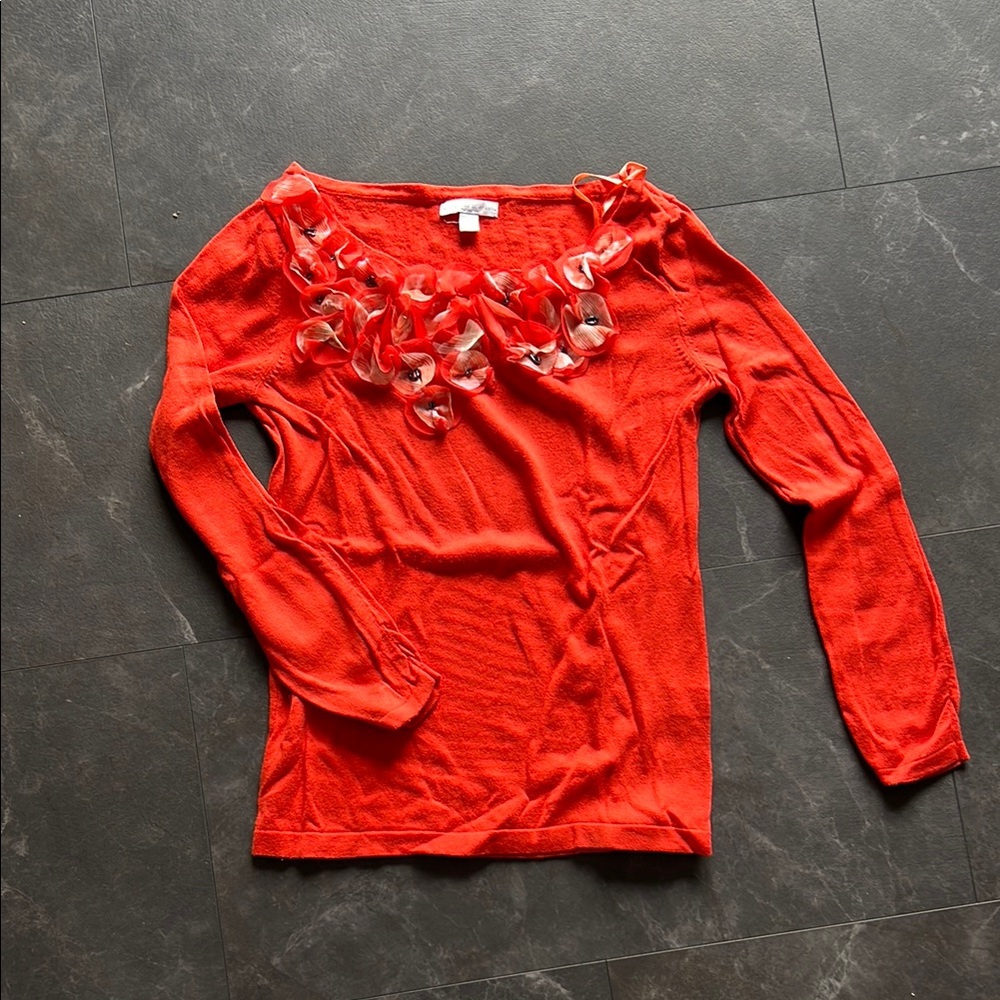 New York & Company Orange Ruffled Long Sleeve Blouse